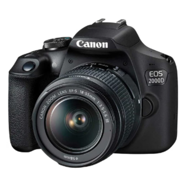 دوربین DSLR کانن مدل EOS 2000D، حسگر CMOS با دقت 25 مگاپیکسل، فیلم‌برداری با رزولوشن Full HD، صفحه نمایش 3 اینچ TFT LCD، همراه با لنز 55-18 میلی‌متری DC III با محدوده زوم تا 3 برابر بزرگنمایی، محدوده دیافراگم f/3.5-5.6، وزن 675 گرم