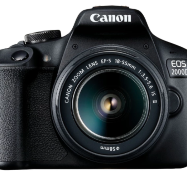 دوربین DSLR کانن مدل EOS 2000D، حسگر CMOS با دقت 24.7 مگاپیکسل، فیلم‌برداری با رزولوشن Full HD، صفحه نمایش 3 اینچ LCD، همراه با لنز 55-18 میلی‌متری IS II با محدوده زوم 6 تا 10 برابر بزرگنمایی، محدوده دیافراگم f/3.5-5.6، دارای تکنولوژی بی‌سیم، وزن 475 گرم